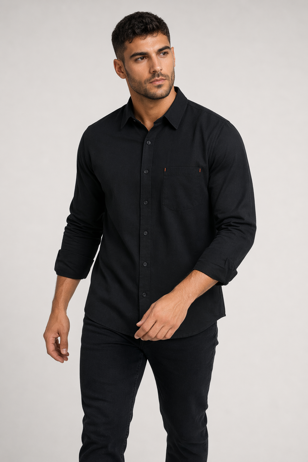 Casual Men's Shirt with Red Stitching Black