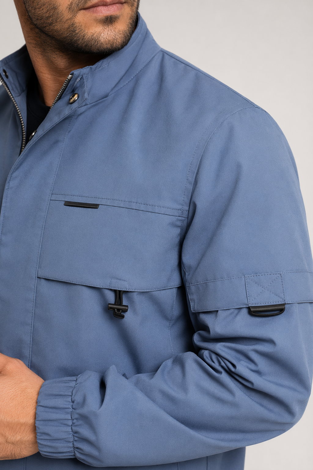 High Collar Windproof Jacket for Men Blue
