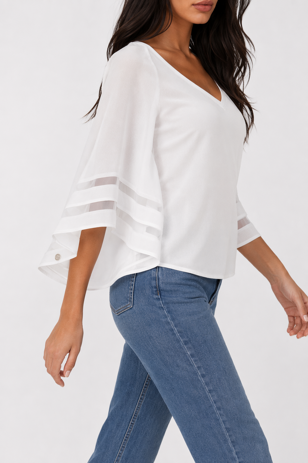 Chiffon Top with Batwing Sleeves and V-Neck for Women White
