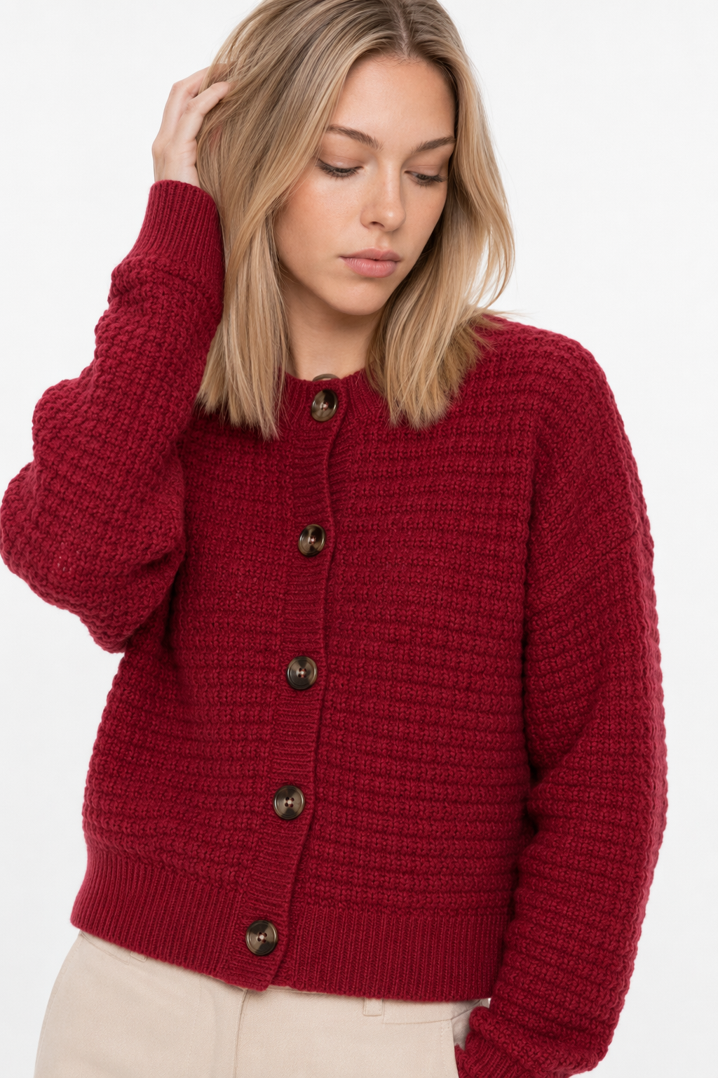 Casual Knit Button-Up Cardigan for Women Wine