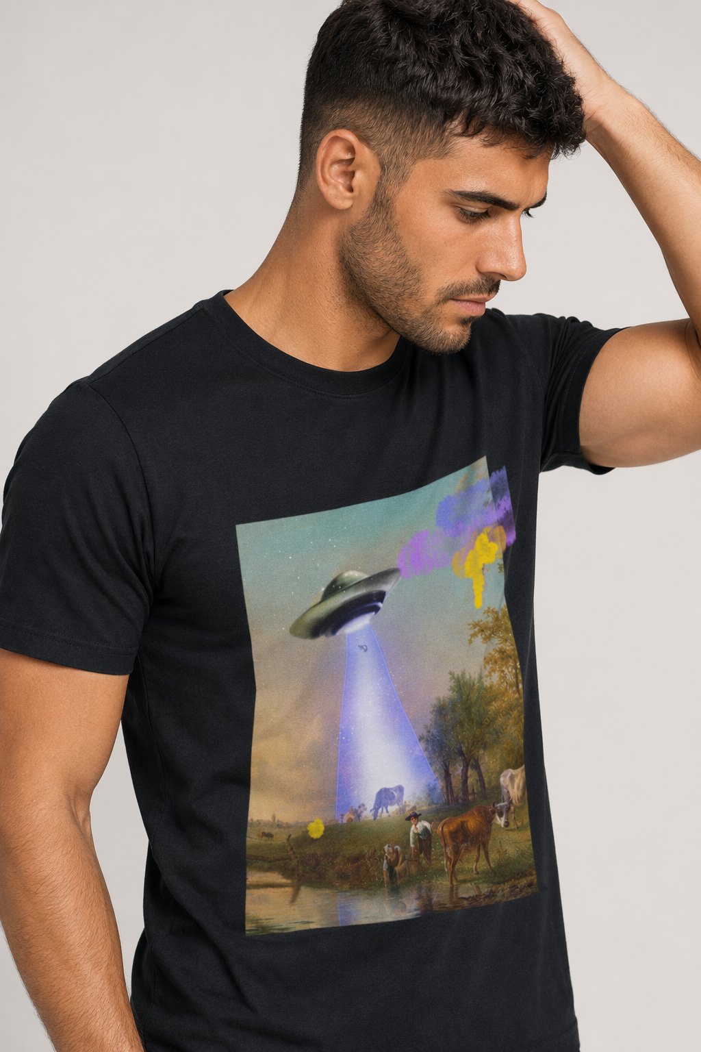 Jersey Short Sleeve Tee featuring Cow being Abducted by UFO Default