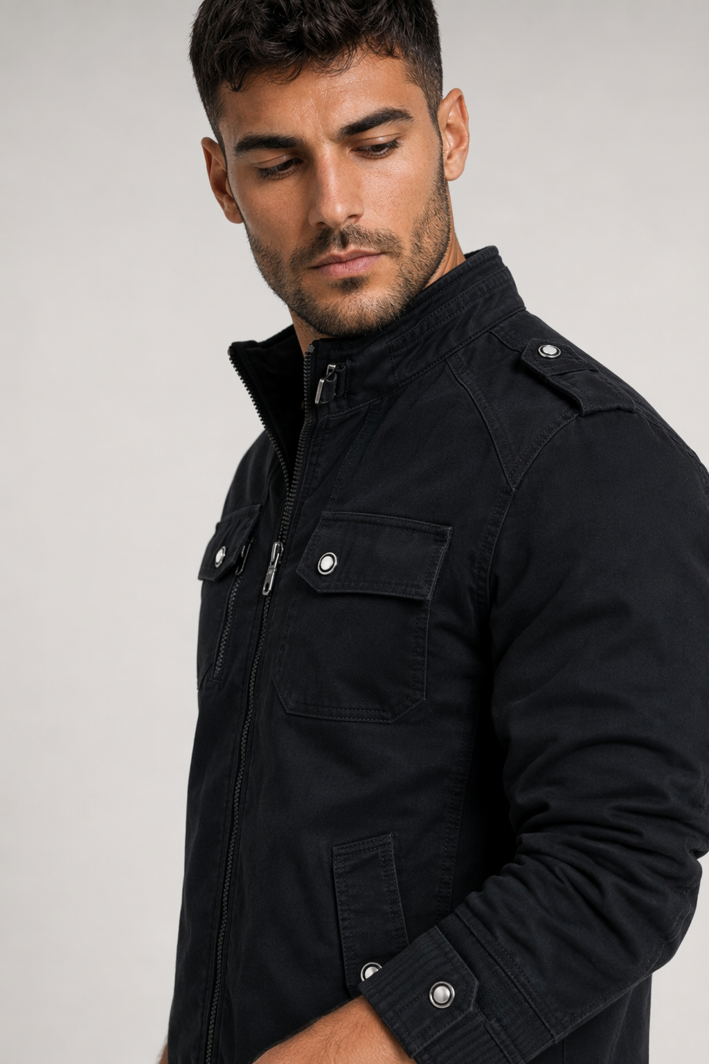 Faux Fur-Lined Military-Inspired Men's Jacket Black