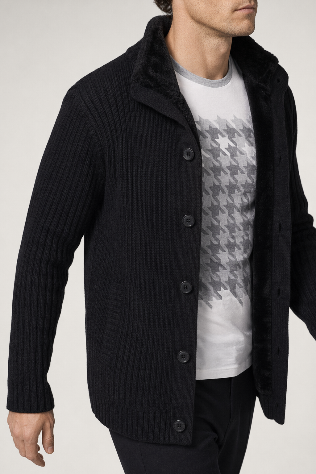 Ultra Cozy Men's Faux Fur Inner Cardigan for Cold Winter Days Black