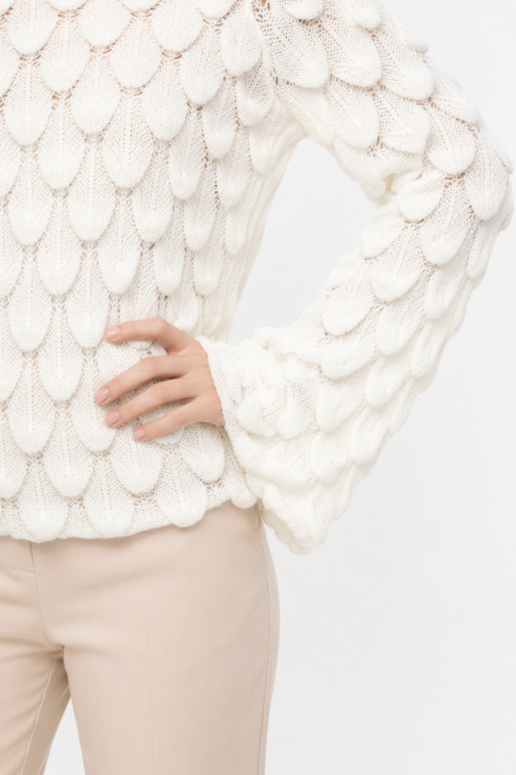 Open Knit Bell Sleeve Blouse for Women White