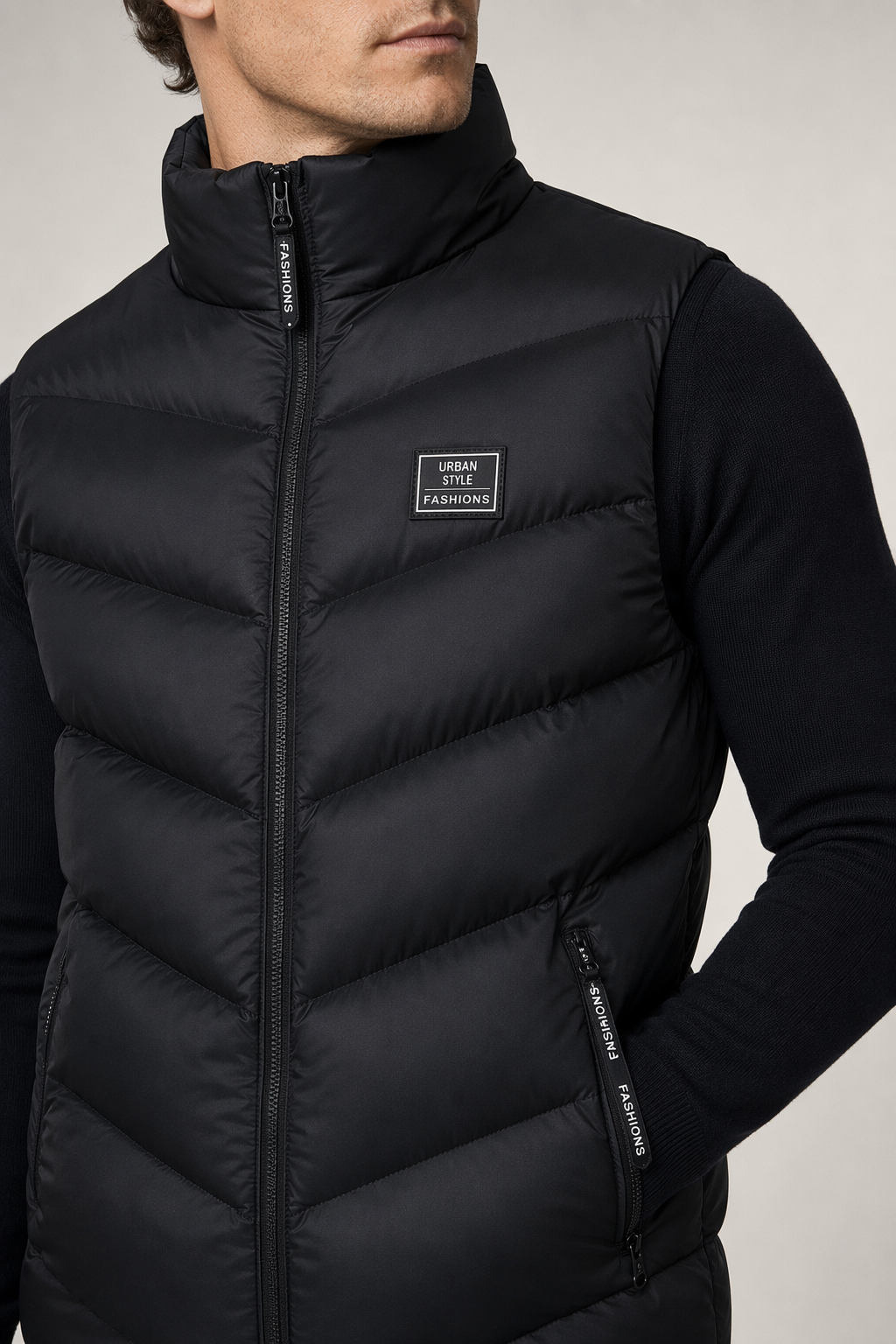 Classic High Collar Black Men's Quilted Vest Default