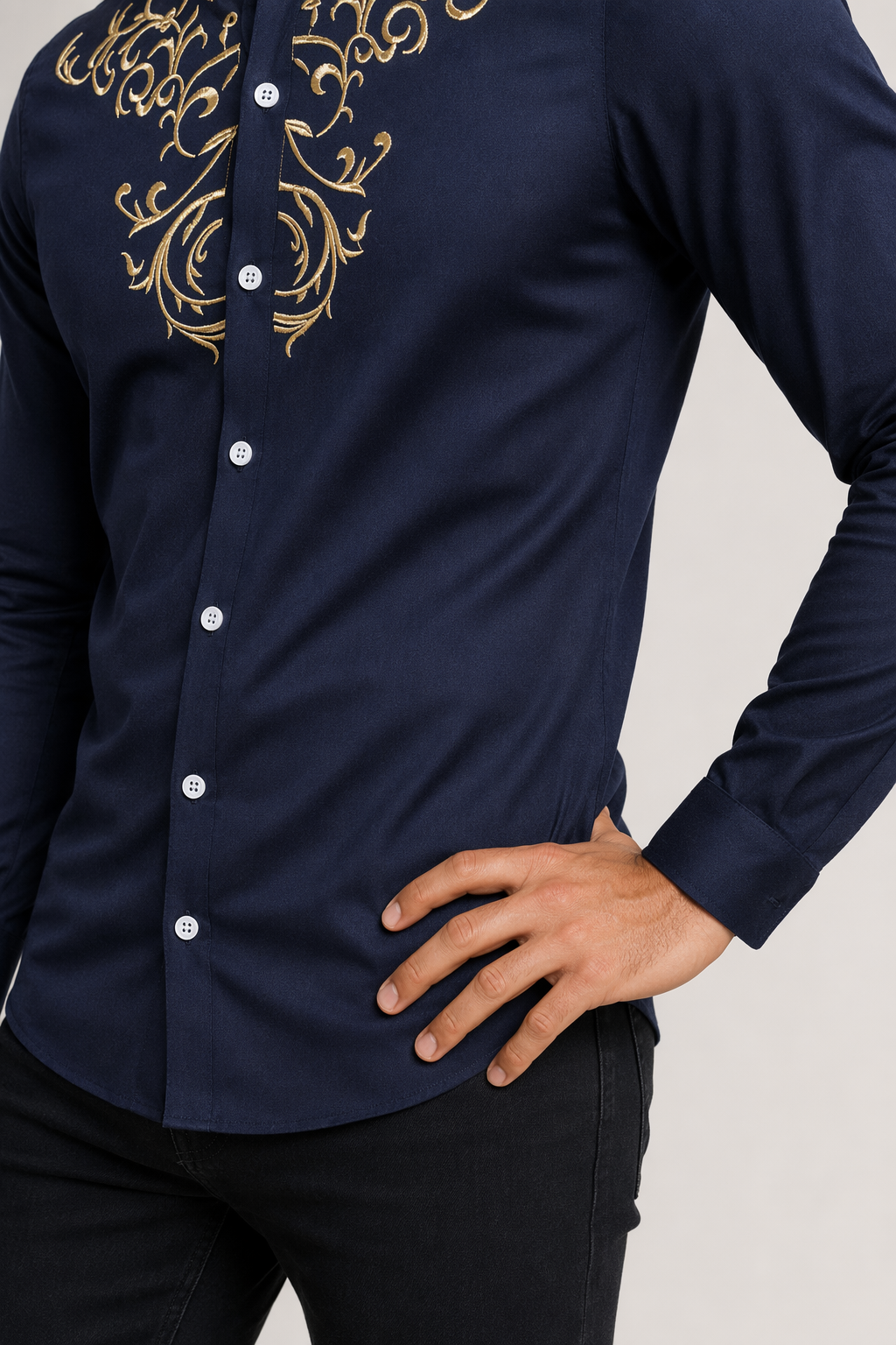 Slim Fit Men's Floral Embroidered Button Down Shirt Navy