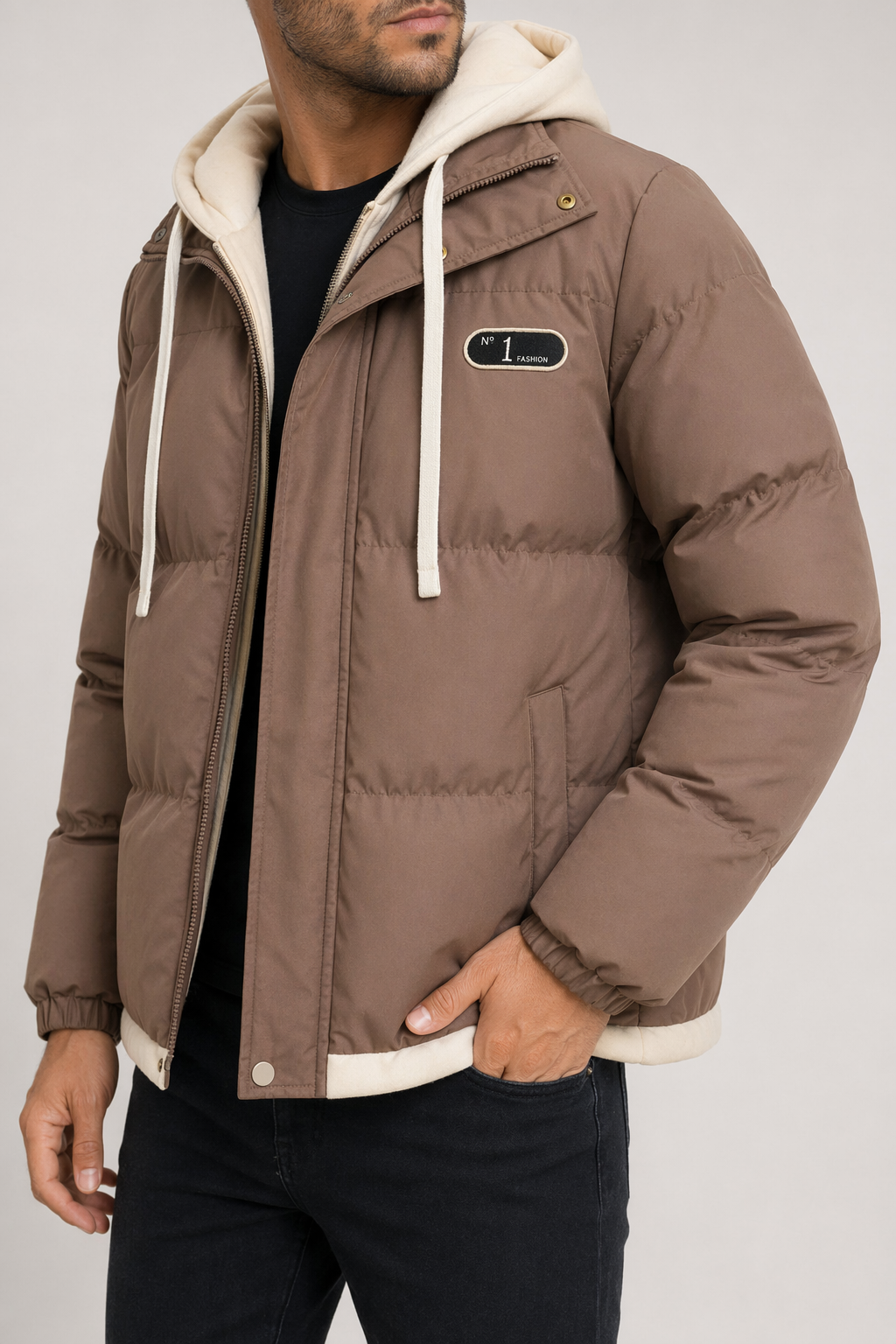 Layered Appearance Men's Hooded Puffer Jacket Coffee