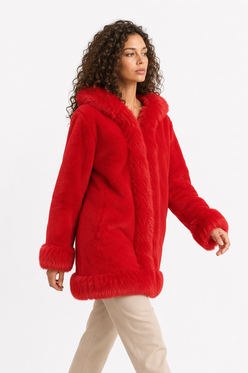 Faux Fur Hooded Women's Coat Red