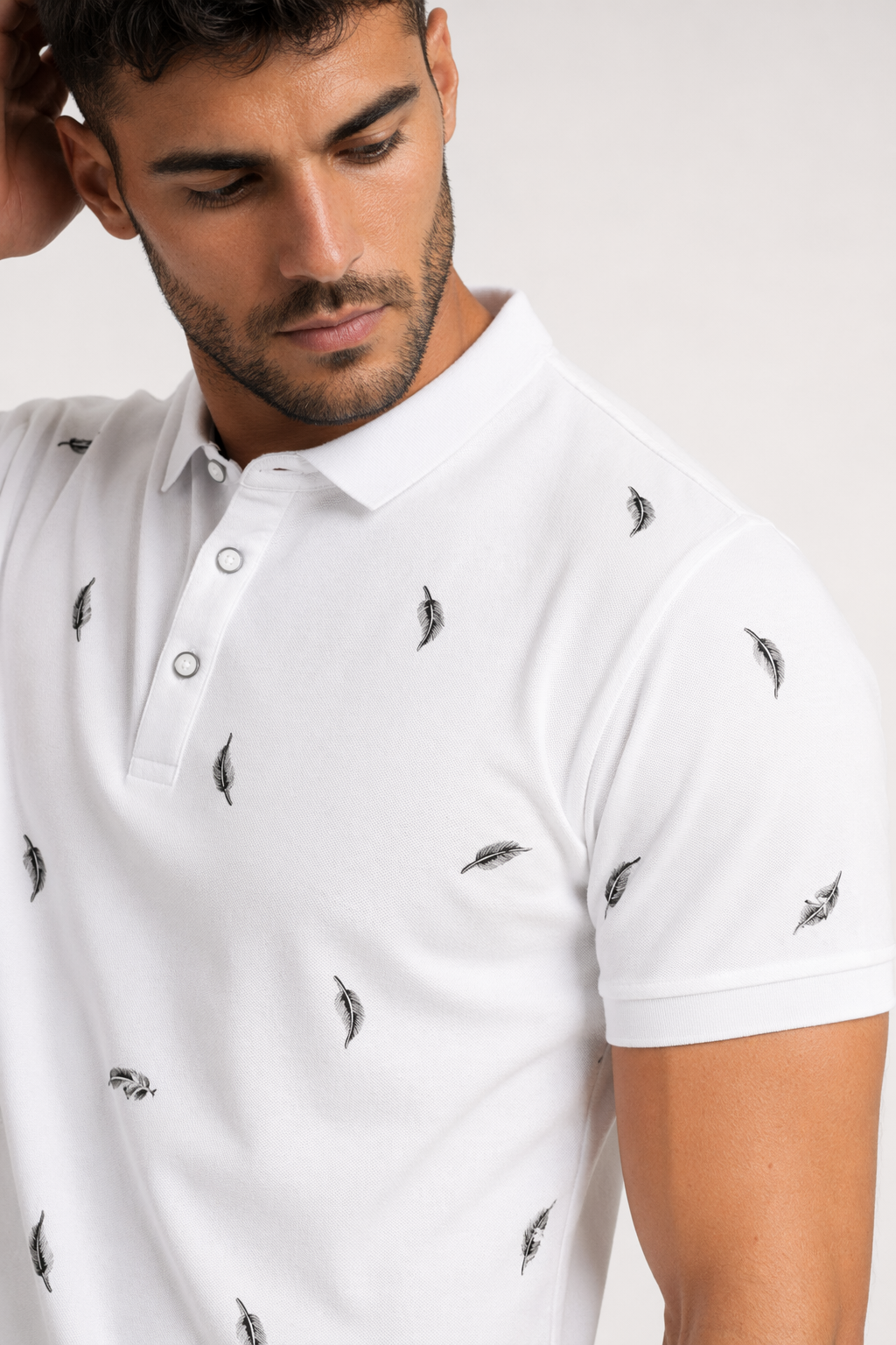 Feather Print Men's Polo Shirt - Short Sleeve White