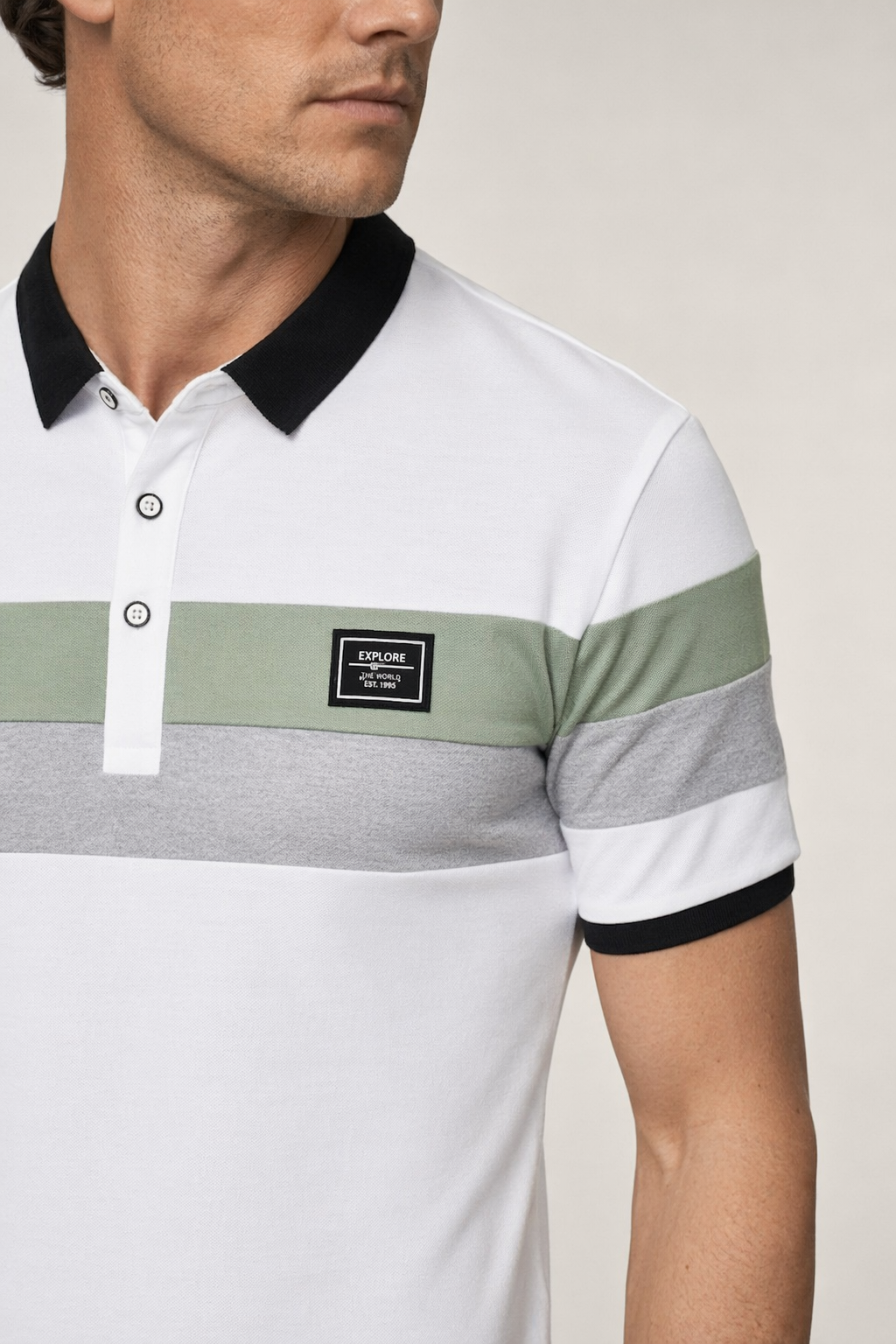 Slim Fit Wide Striped Polo Shirt for Men with Solid Back Panel White