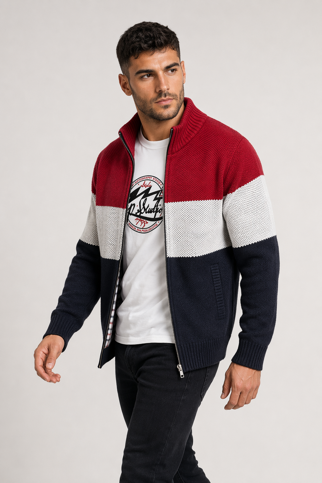 Zip-Up Sweater Jacket for Men's Casual Wear Red