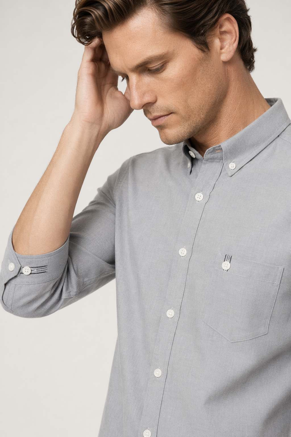 Slim Fit Button-Up Shirt with Three-Quarter Sleeves for Men Gray