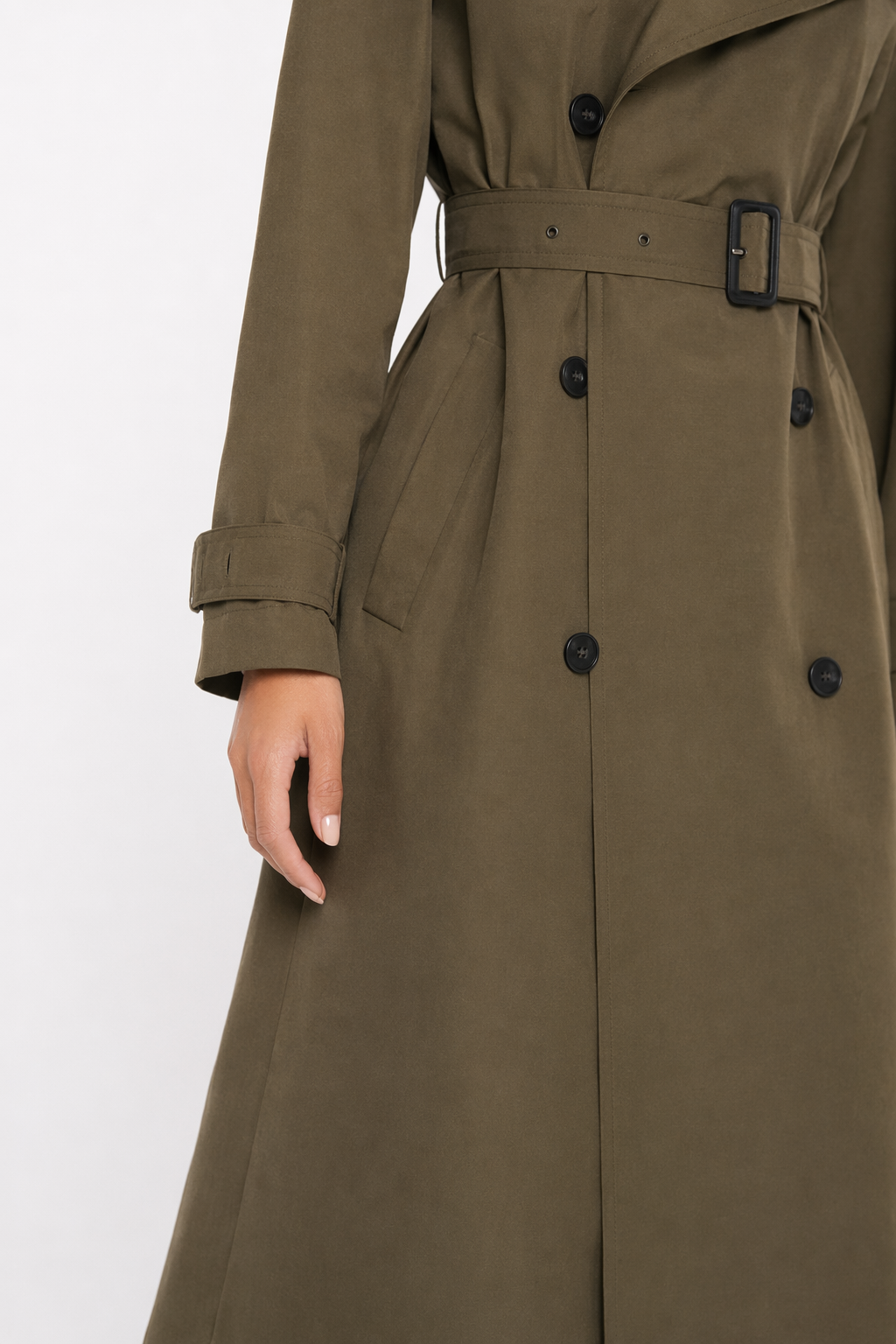 Double-Breasted Long Trench Coat for Women Army Green