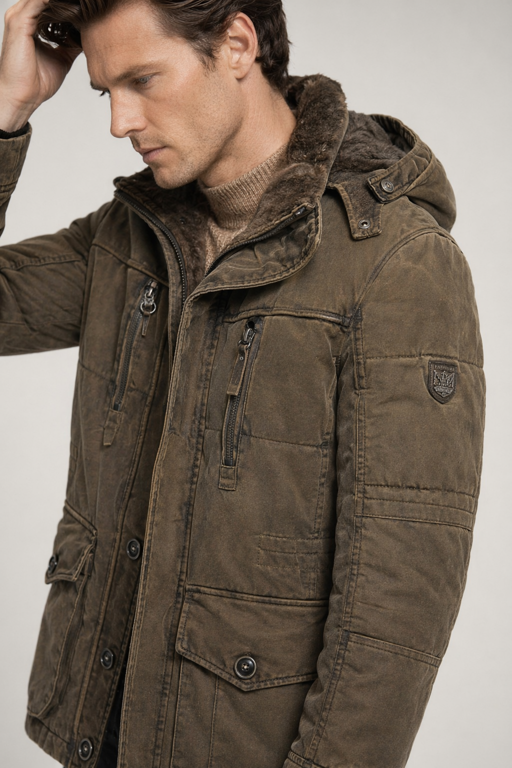 Hooded Winter Parka Coat for Men with Inner Fleece Brown
