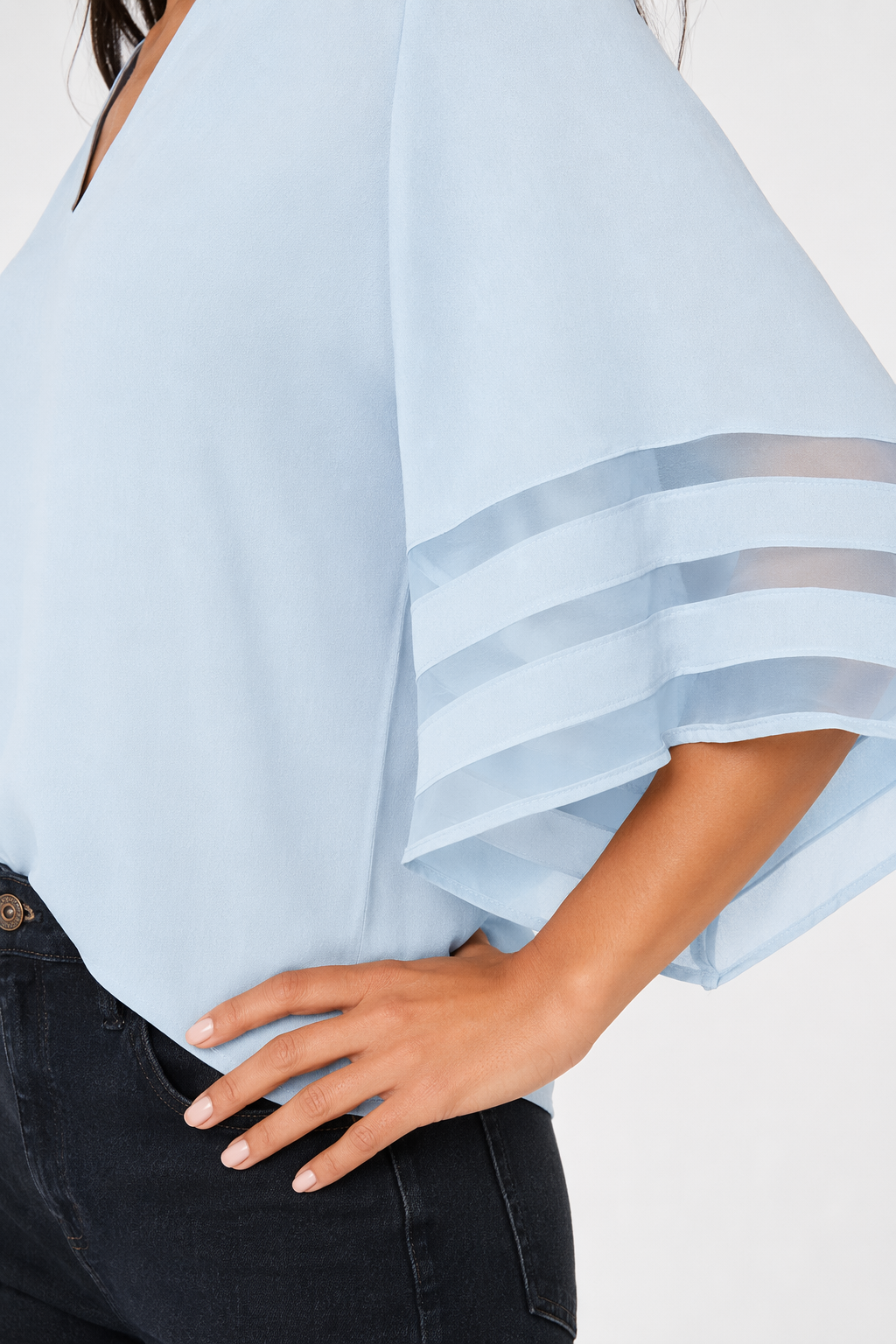 Chiffon Top with Batwing Sleeves and V-Neck for Women Blue