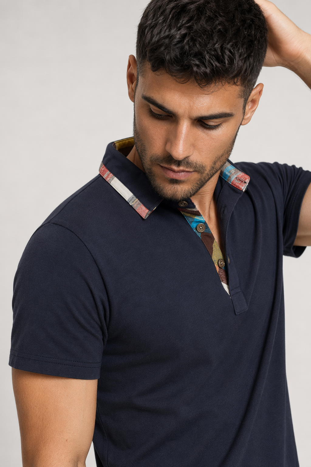 Plaid-Trimmed Polo Shirt for Men Navy