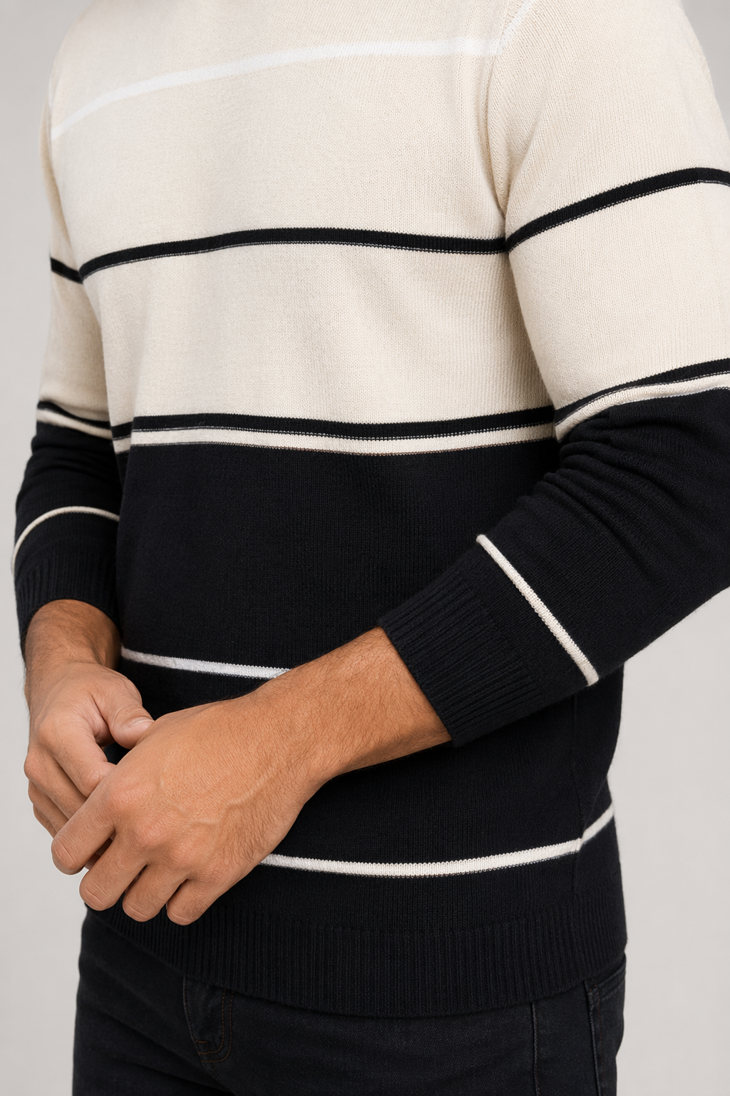 Two-Toned Striped Men's Sweater with Round Neck Beige