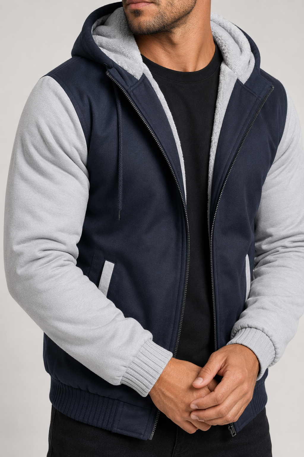Winter-Lined Men's Zippered Hoodie Light Gray