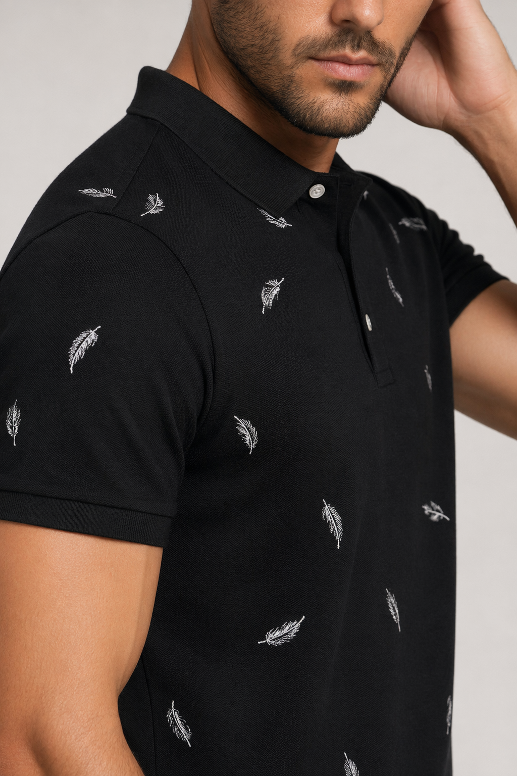 Feather Print Men's Polo Shirt - Short Sleeve Black