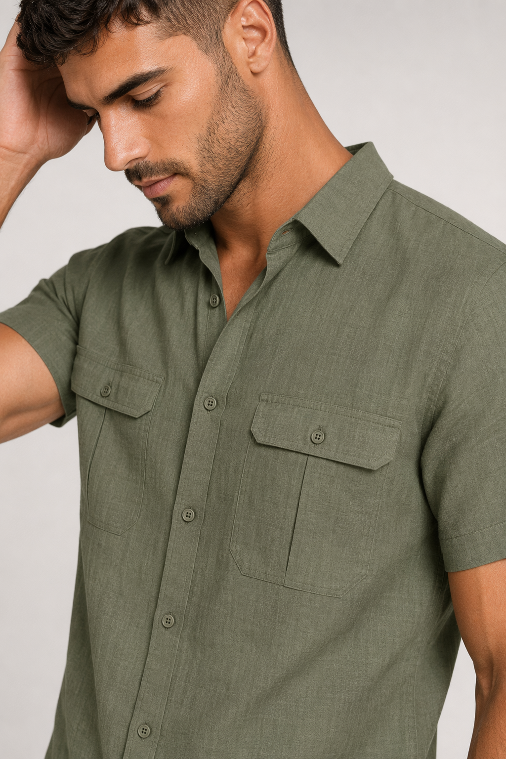 Linen Short-Sleeve Summer Shirt for Men ARMY GREEN