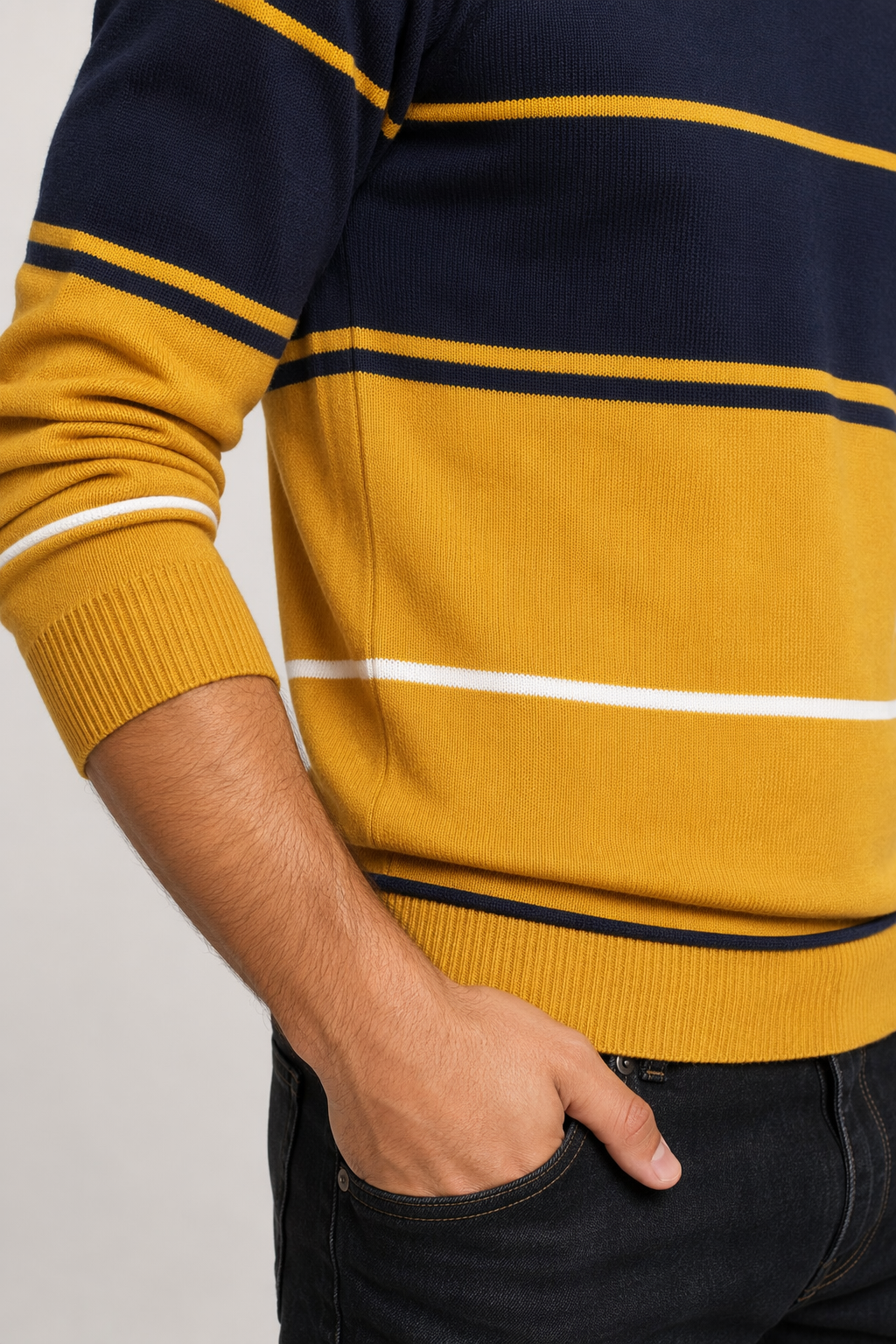 Two-Toned Striped Men's Sweater with Round Neck Navy