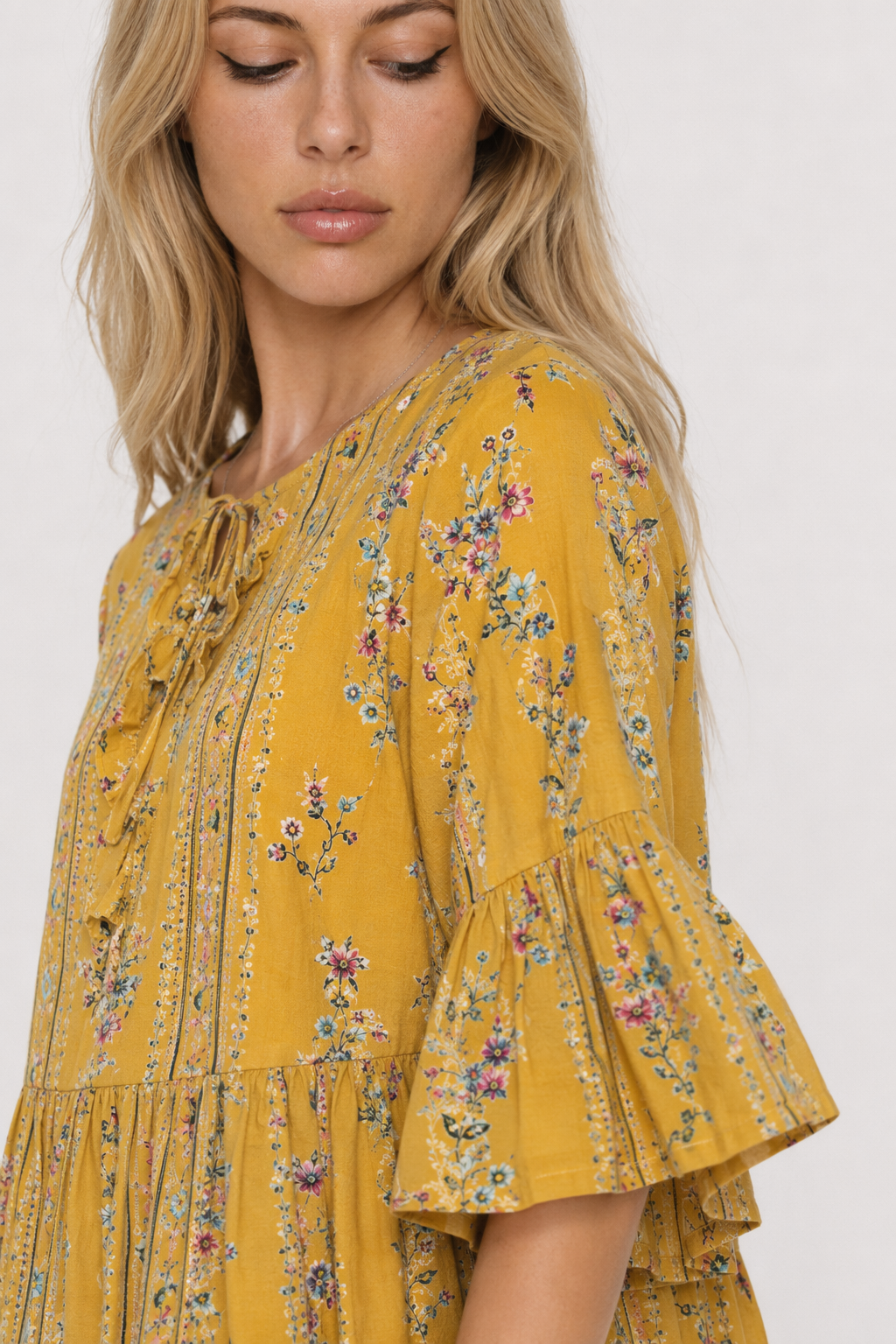 Floral Blouse with Cascading Ruffles for Women Yellow