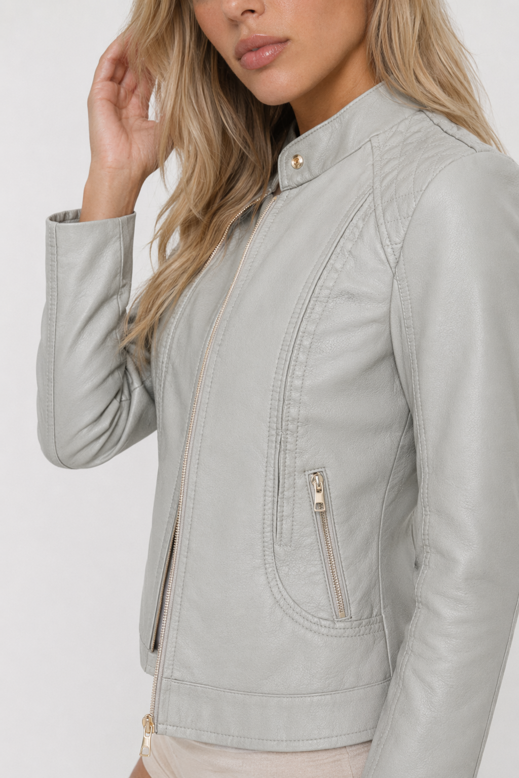 Soft Quilted Faux Leather Jacket for Women Gray