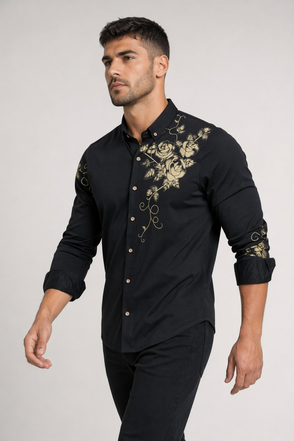 Floral Print Men's Button-Down Shirt Black