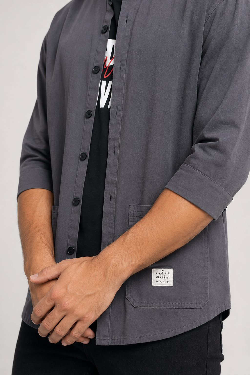 Quarter Sleeve Men's Shirt with Dual Front Pockets Gray