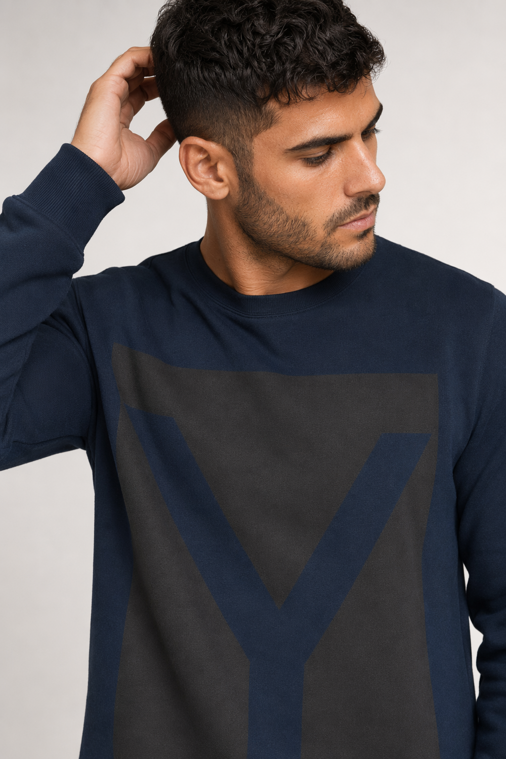 Men's Crewneck Sweatshirt with Y Logo Design Navy