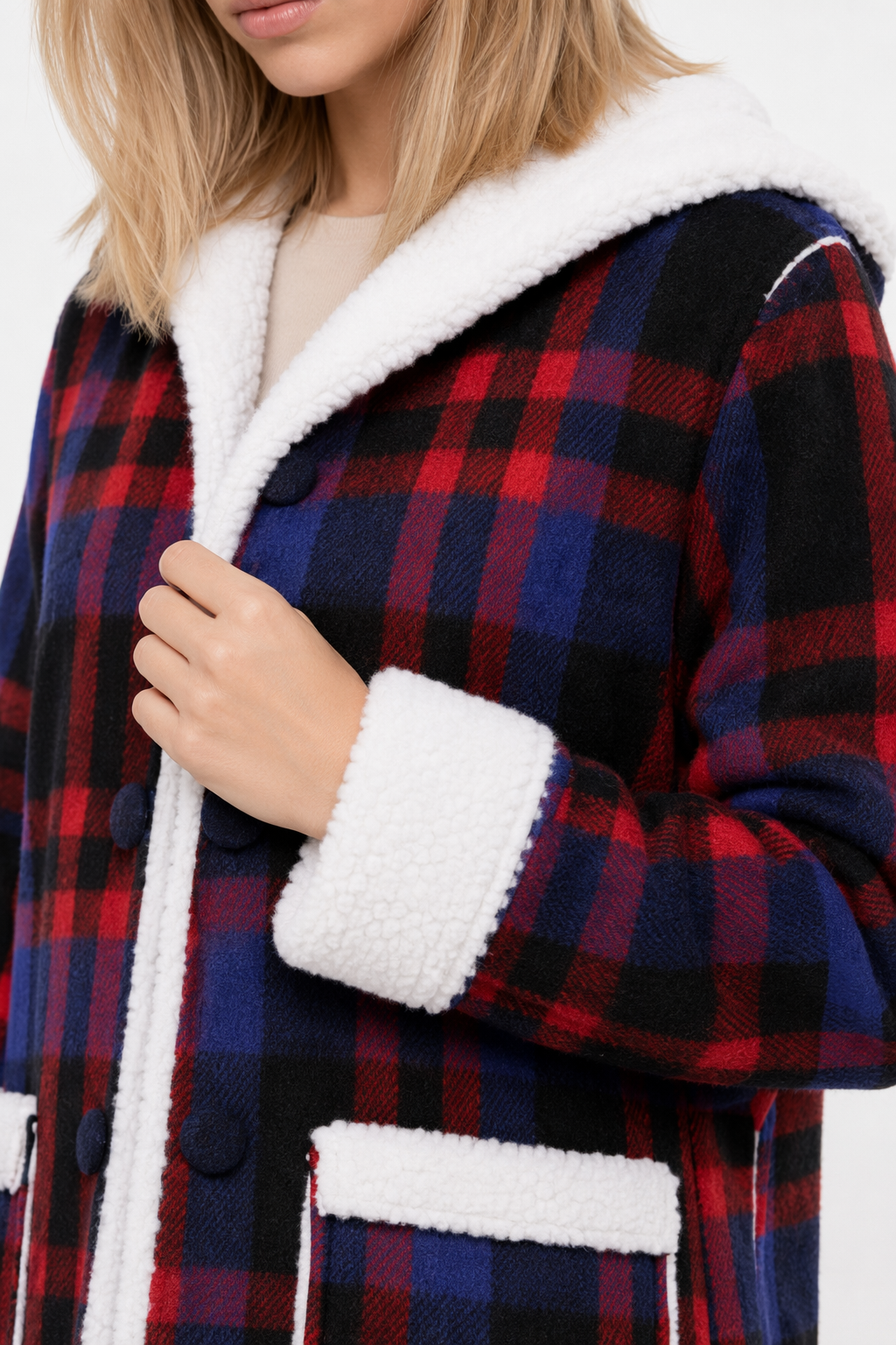Hooded Women's Check Print Jacket Blue
