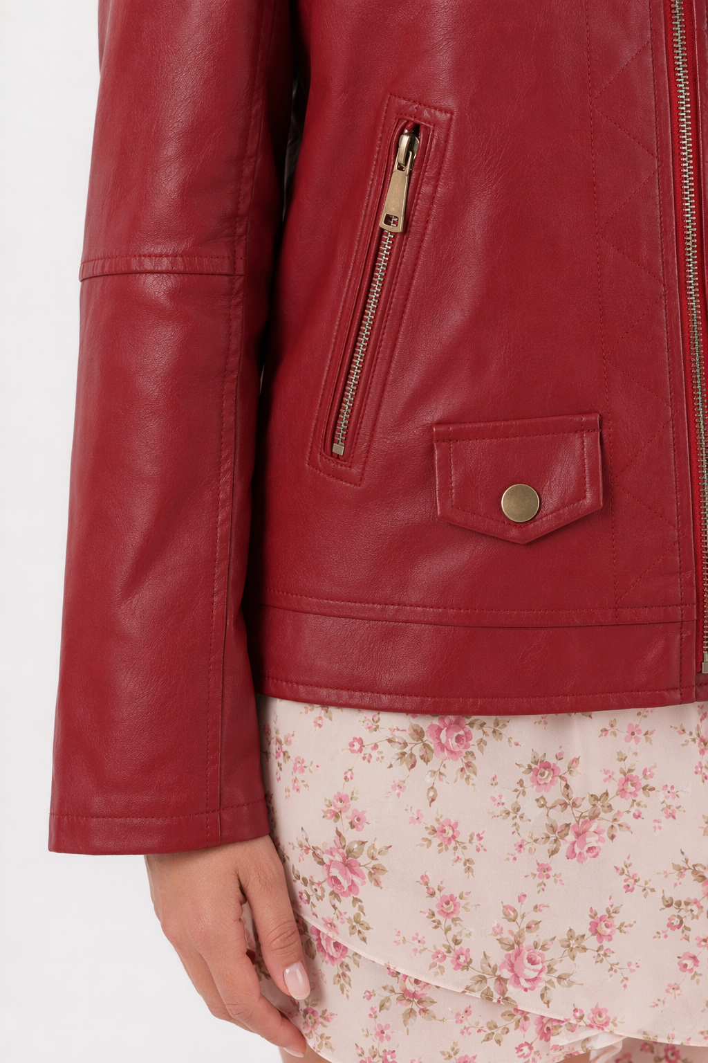Quilted Faux Leather Jacket for Women Red