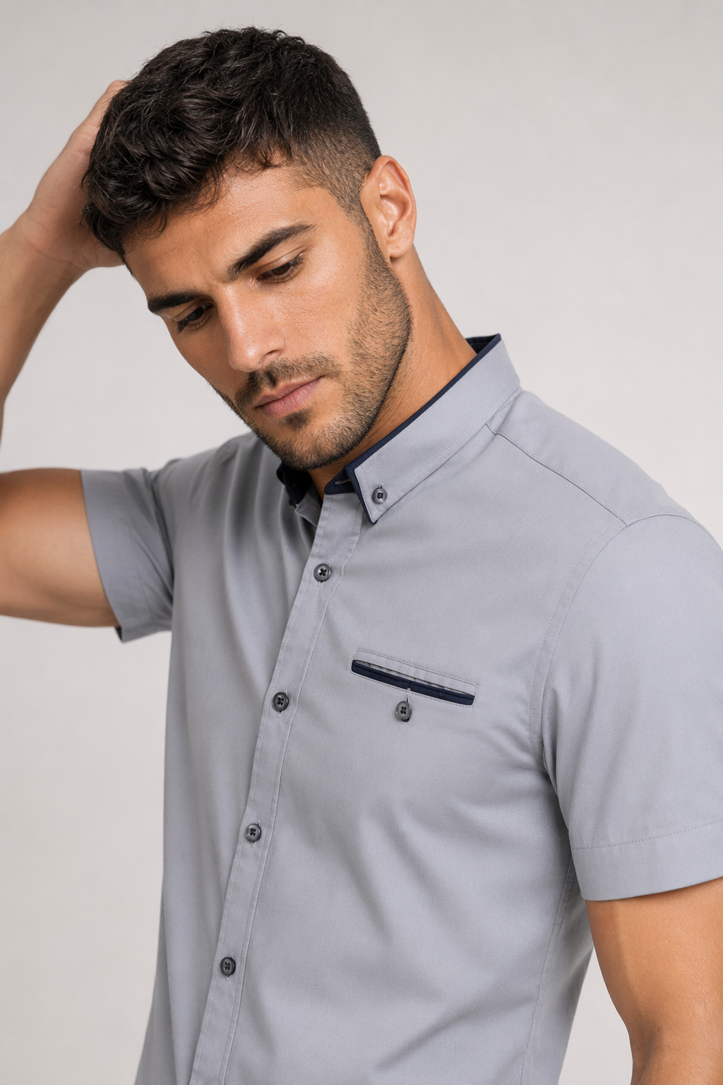 Short-Sleeved Shirt for Men with Unique Dual Collar Style Gray