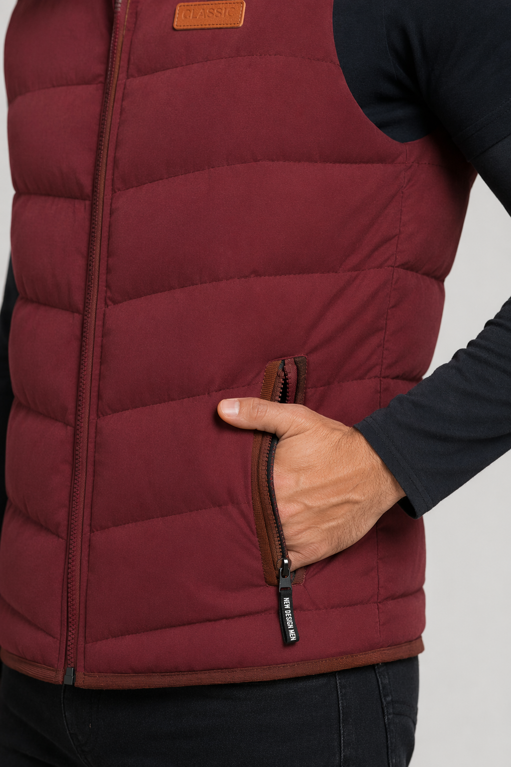 Red Winter Puffy Vest with Detachable Hood for Men Default