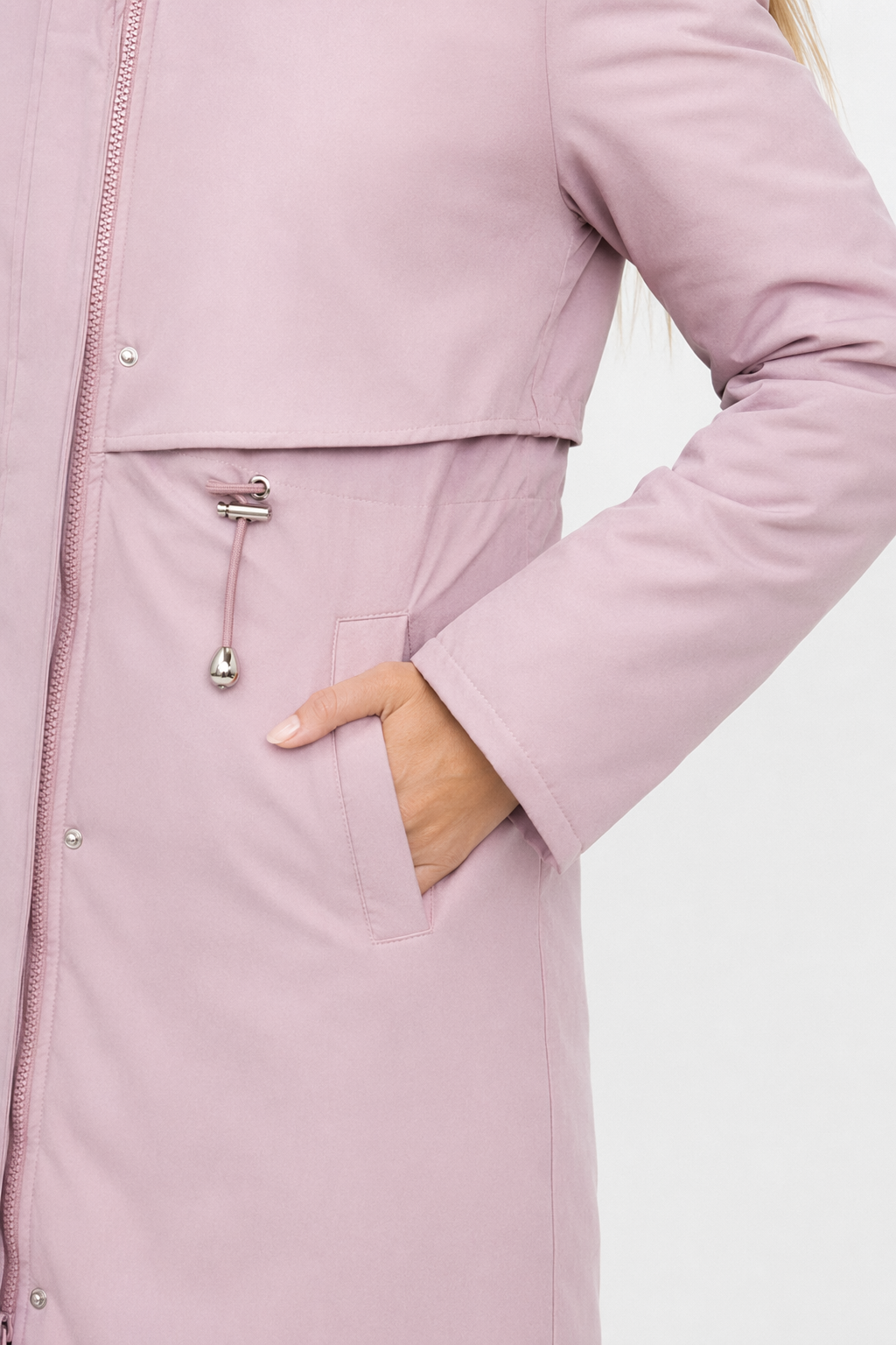 Detachable Faux Fur Lined Women's Long Coat with Hood Pink