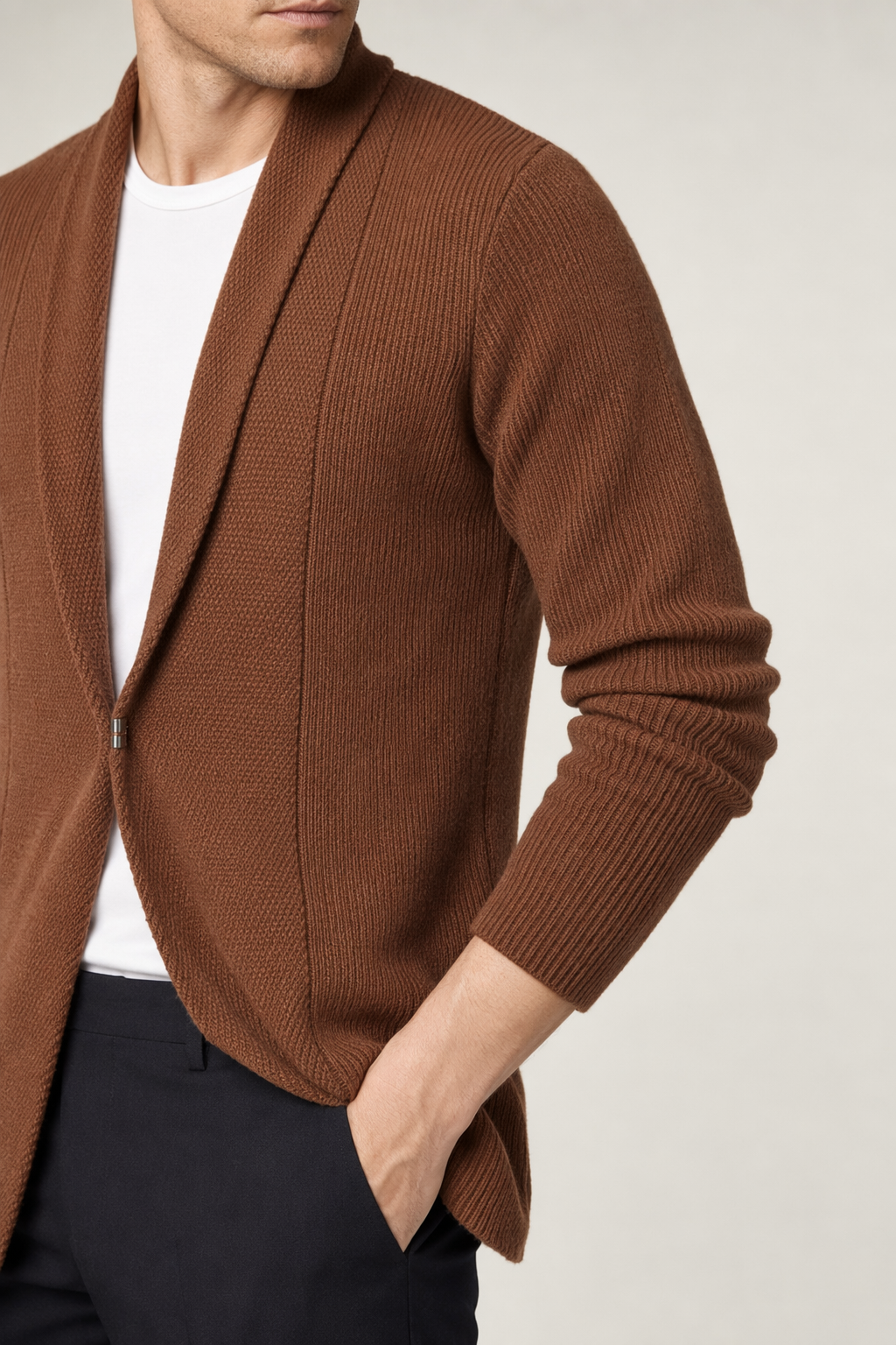 Single Button Men's Mid-Length Cardigan Brown