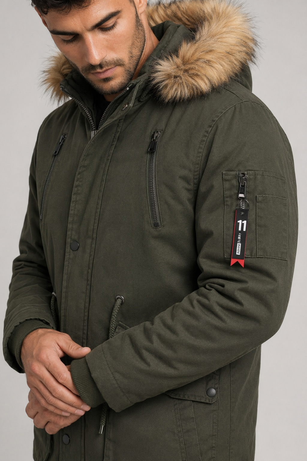 Men's Fur-Lined Parka Coat Army Green