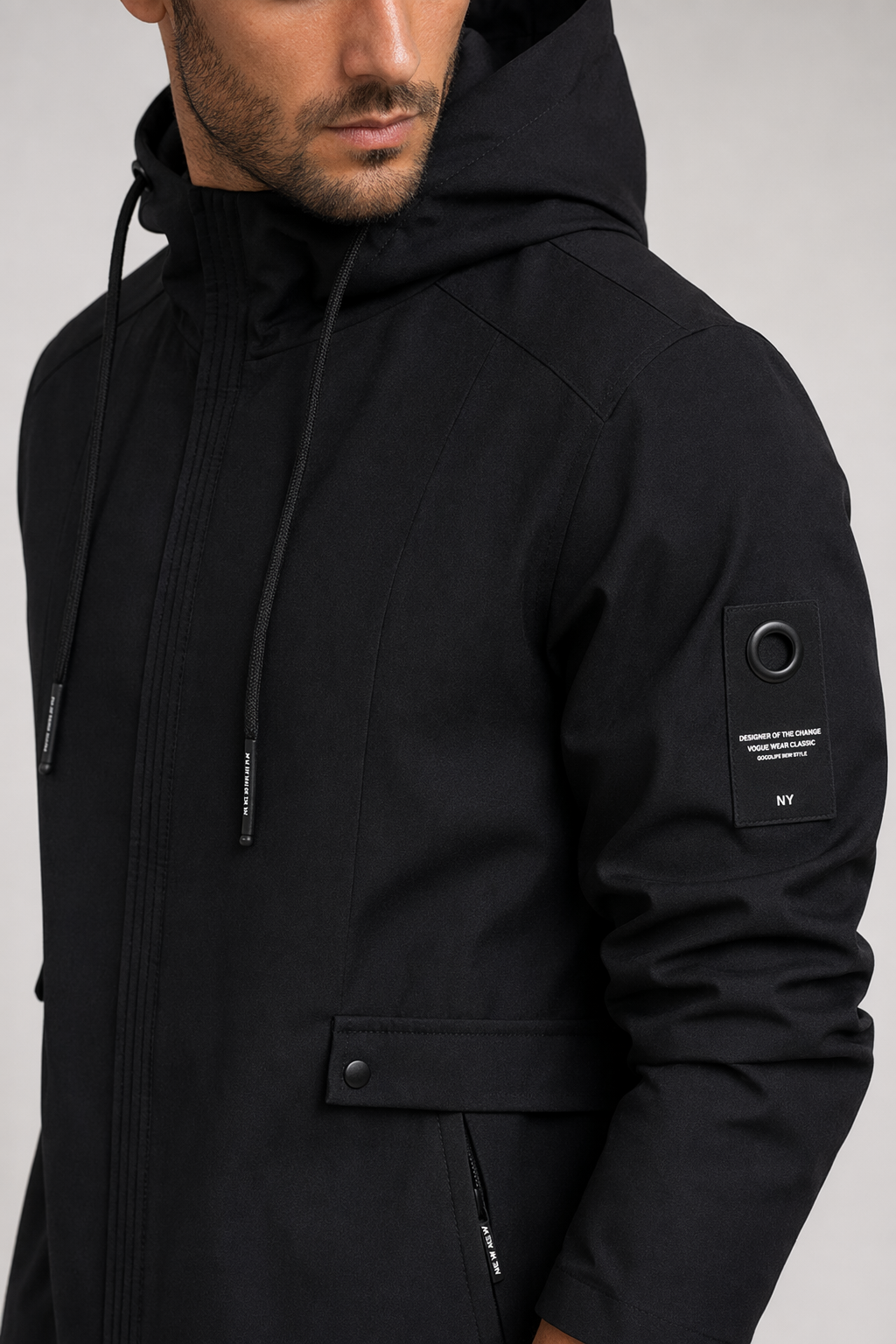 Zippered Street Style Hooded Jacket for Men Black