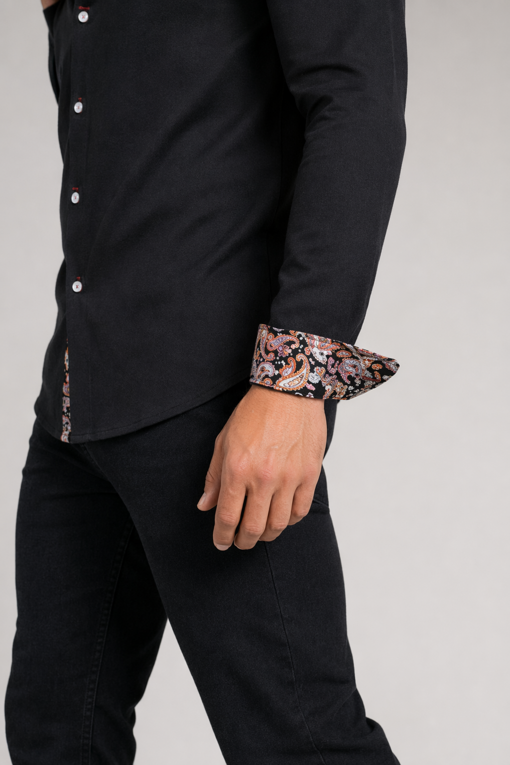 Button-Down Men's Shirt with Botanical Accents Black