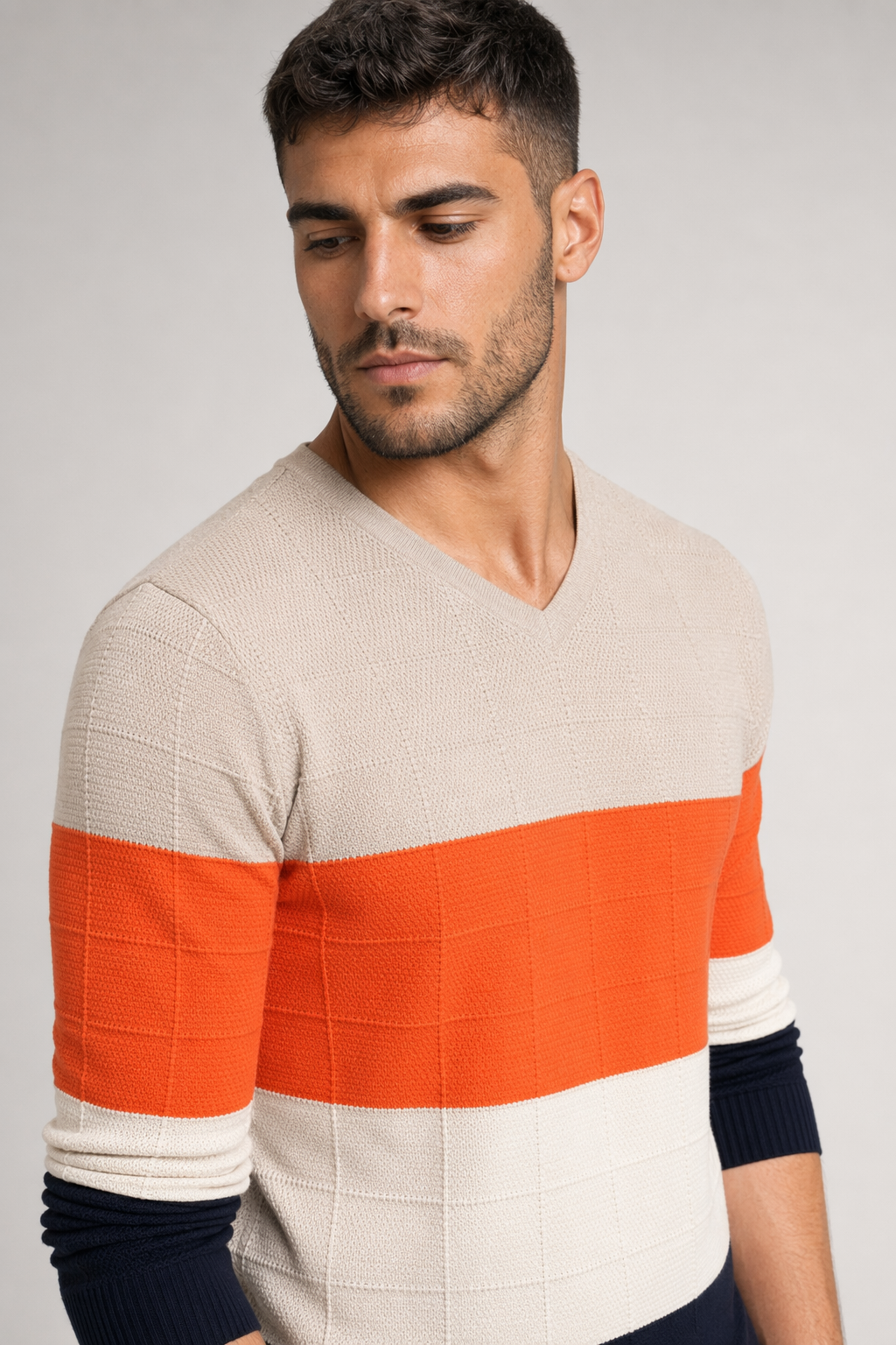 Color Block Sweater for Men with a V-Neck Beige