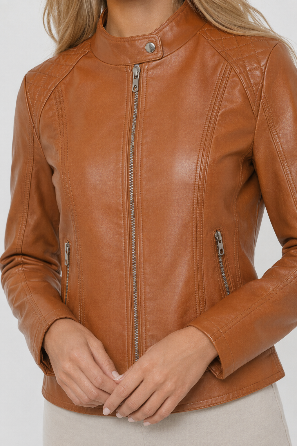 Soft Quilted Faux Leather Jacket for Women Tan