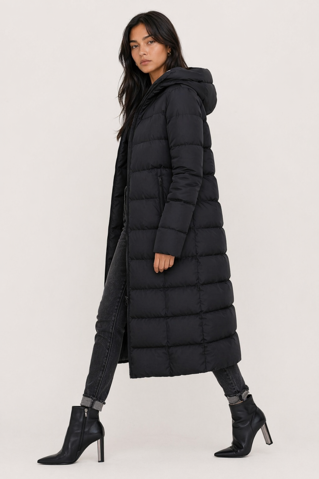 Long Hooded Puffer Jacket for Women Black