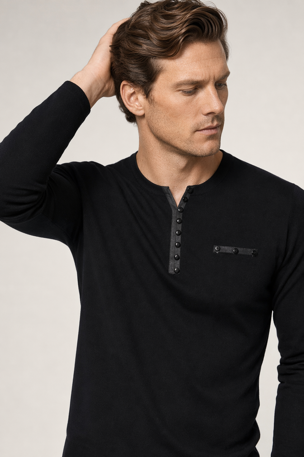 Buttons-Adorned Casual Men's Top Black