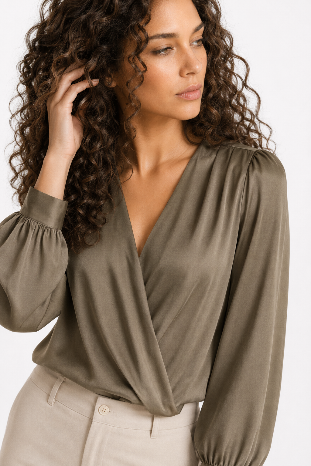 Chiffon Blouse for Women with V-Neckline Khaki
