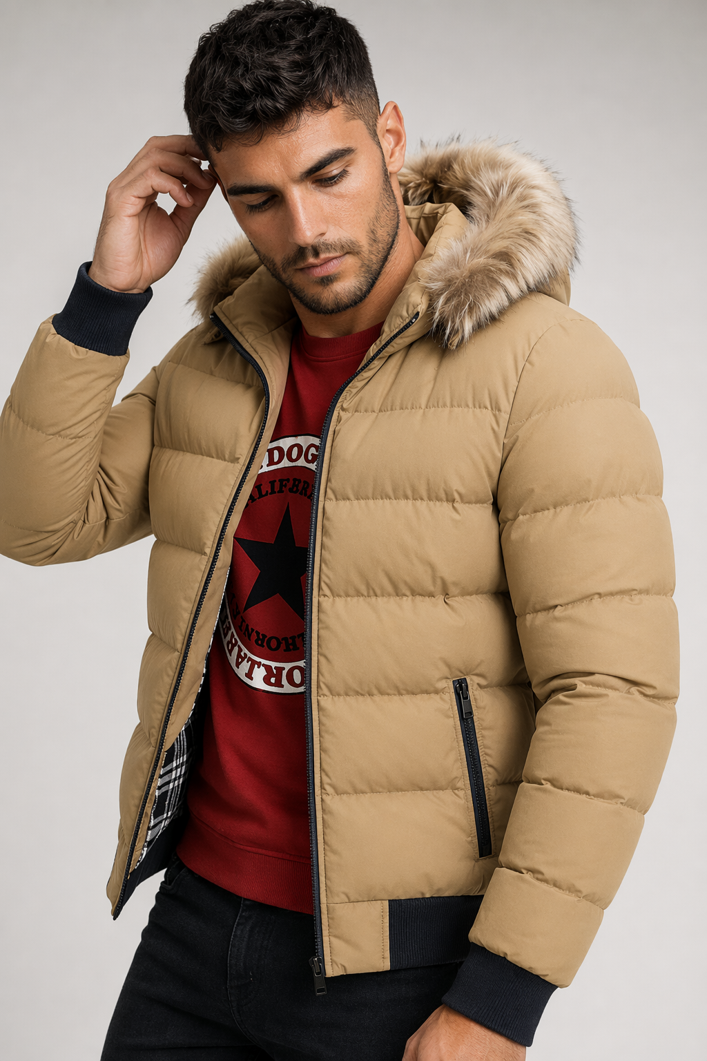 Removable Hooded Men's Two-Toned Quilted Jacket Full Khaki