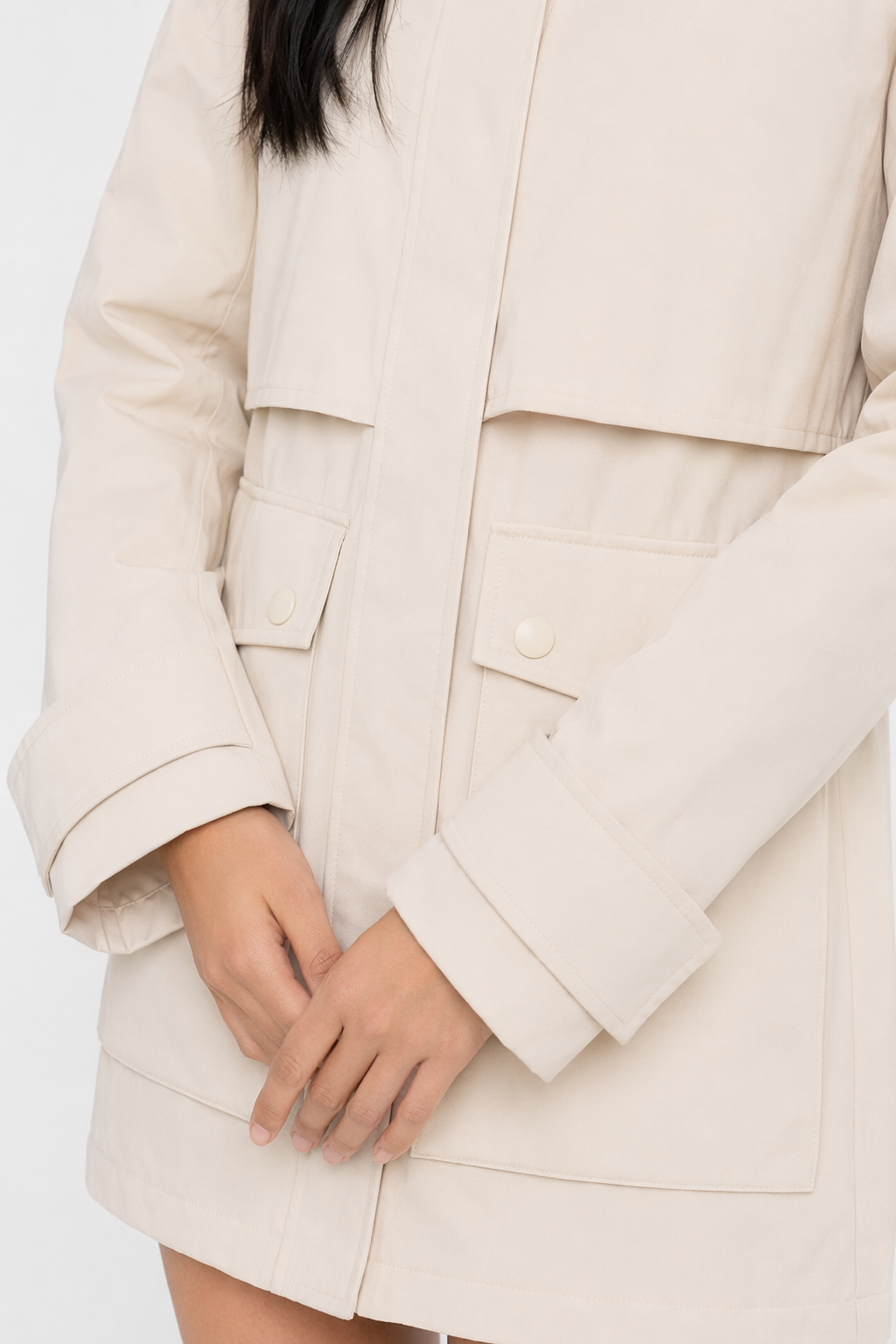 Mid-Length Women's Coat with Zipper and Faux Fur Hood Off White