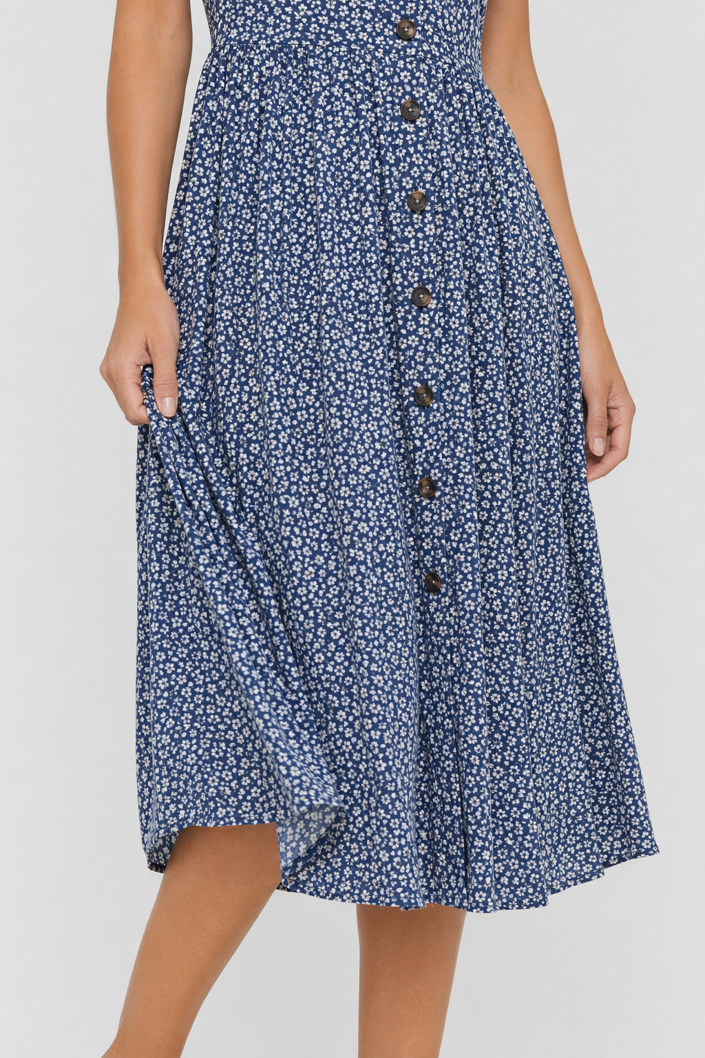 Button-Front Dress with Shoulder Straps Blue