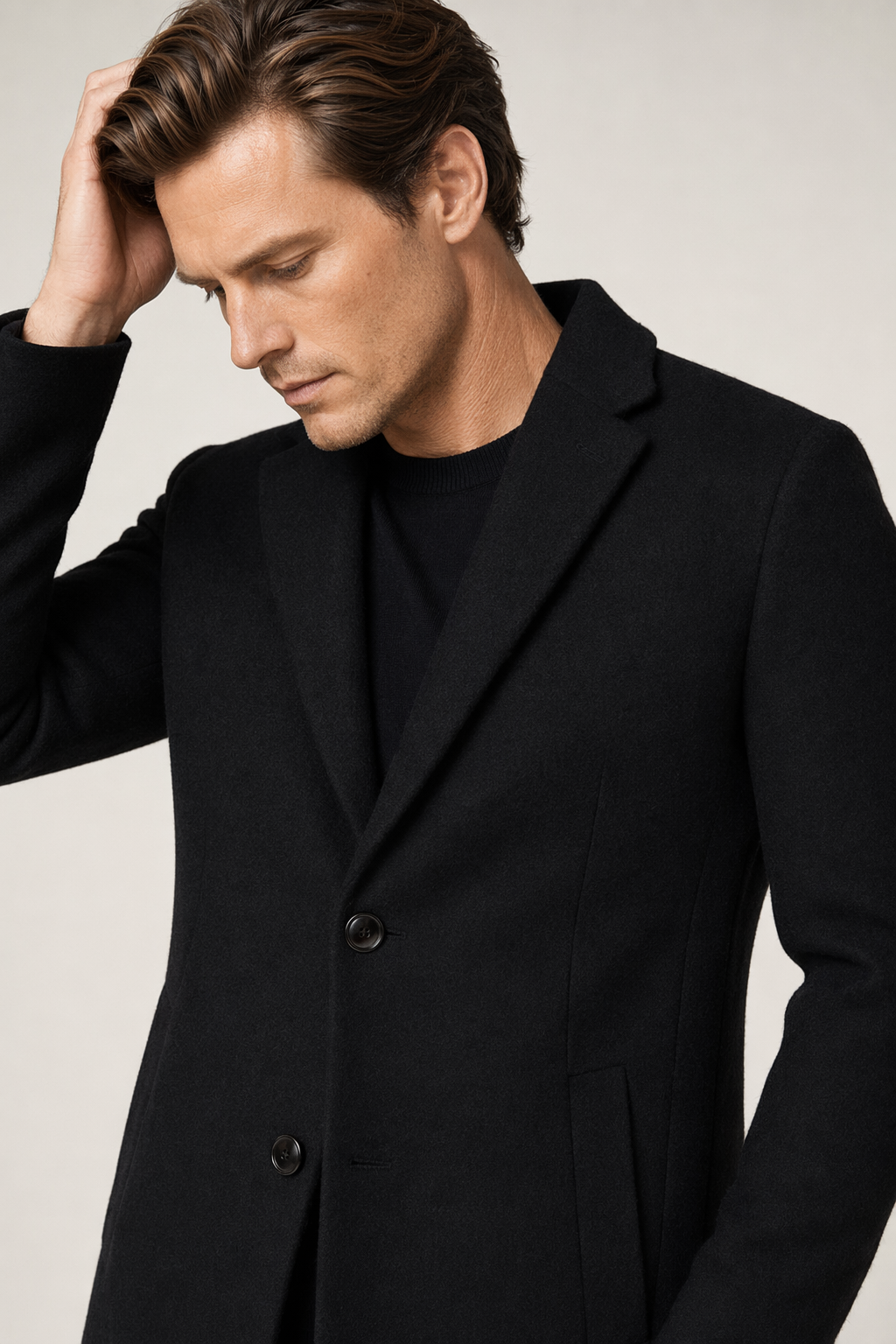 Mid-Length Classic Coat for Men with Dual Buttons Black