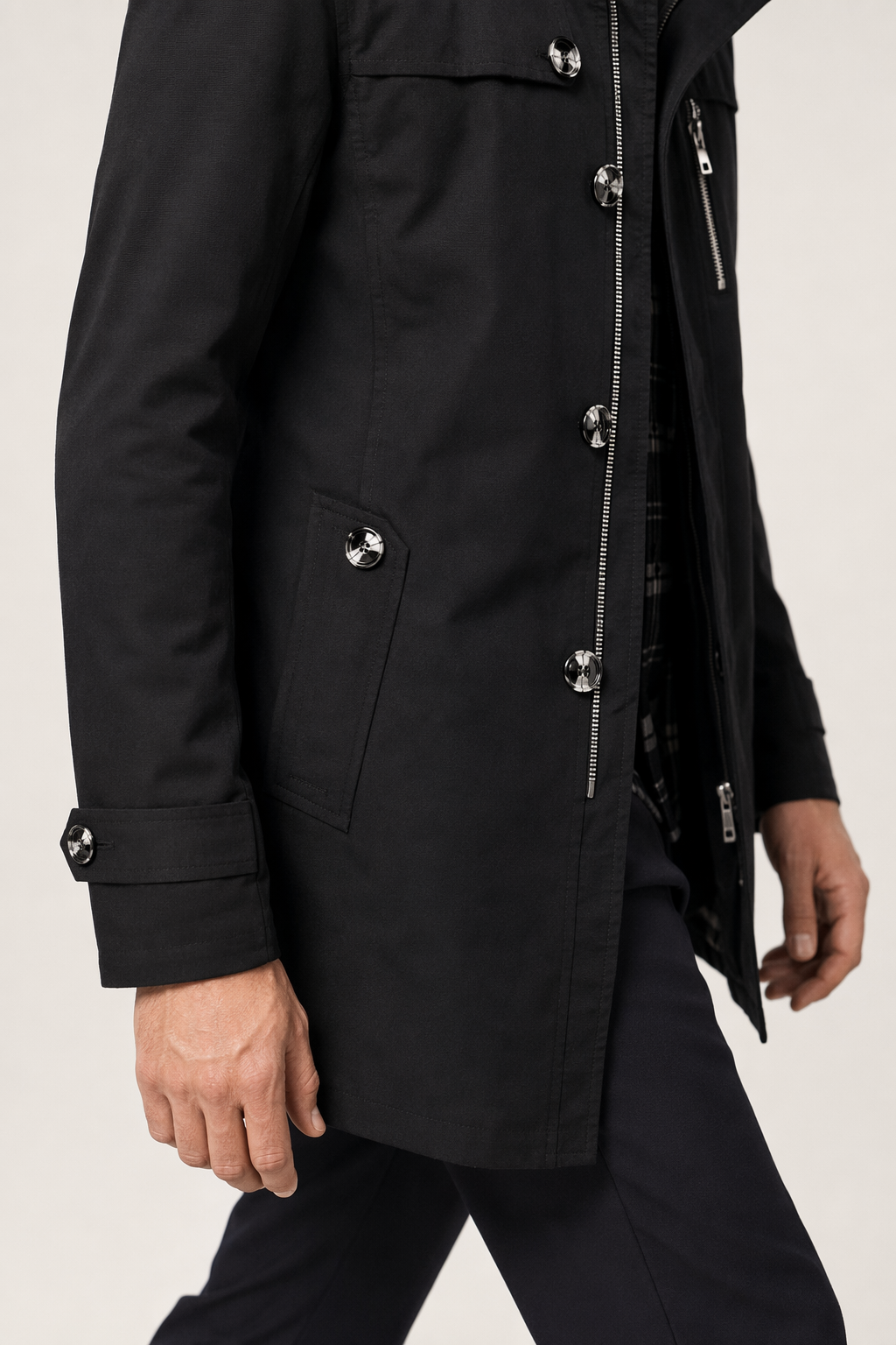 Winter Trench Coat with Mid Length and Hood for Men Black