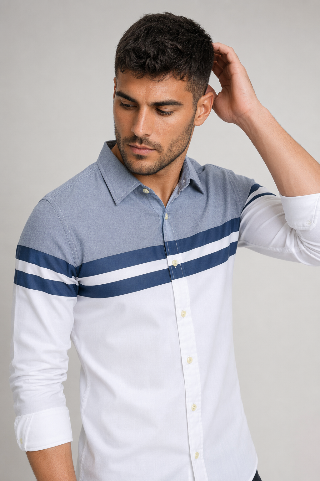 Color-Blocked Men's Button-Up Shirt: A Revised Title White